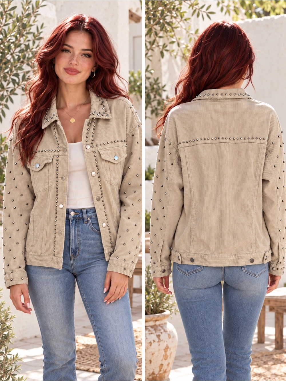 343 NWOT POL Stud-Embellished Beige Corduroy Jacket Size Medium